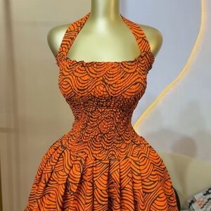 Elegant Orange Patterned Halter Dress